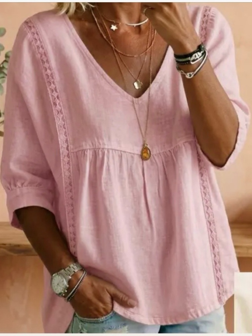 NEW weaveChronicles Women's V-Neck Lace Trim Blouse